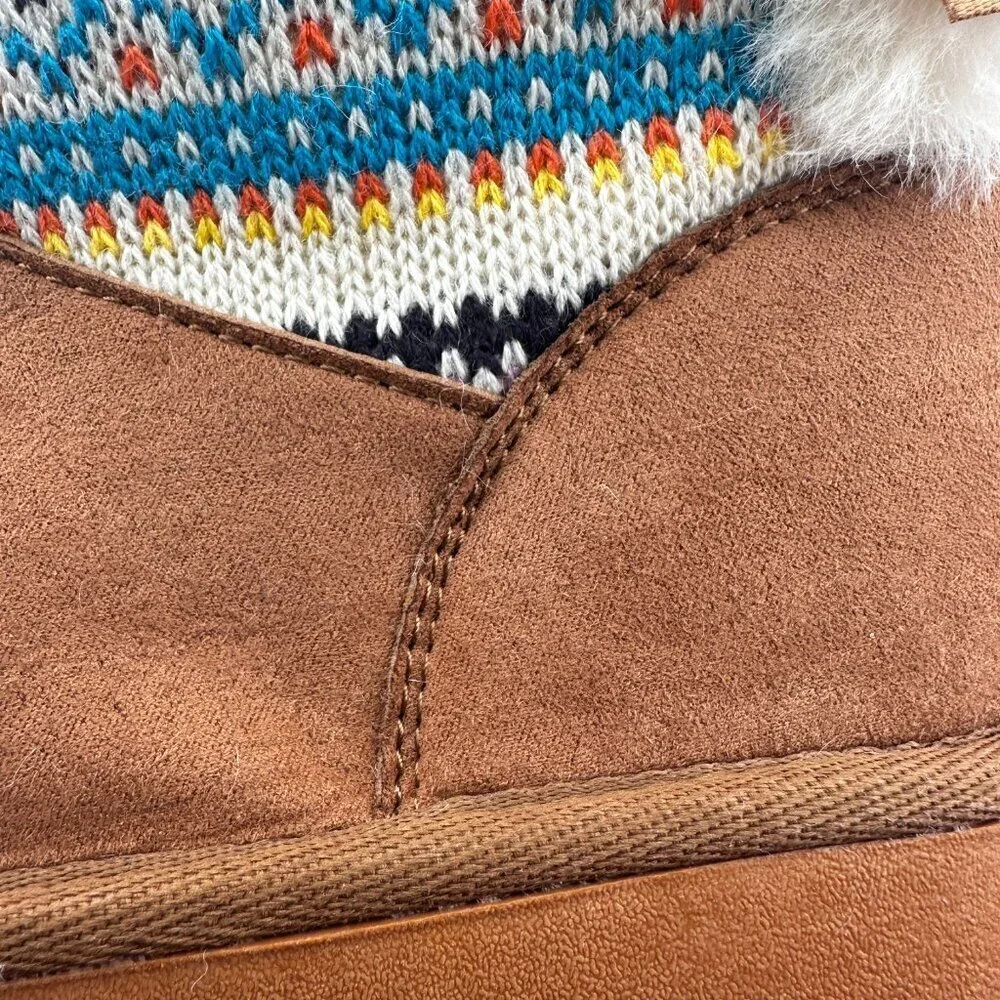 GIRL'S TAN SUEDE BOOTS MULTICOLOR KNITTED BOW AND LINED FAUX FUR, SIZE 13